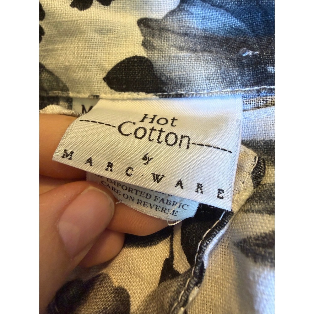 Hot Cotton by Marc Ware 100% Linen Tropical Floral Button Up Shirt Black White M - Picture 6 of 8